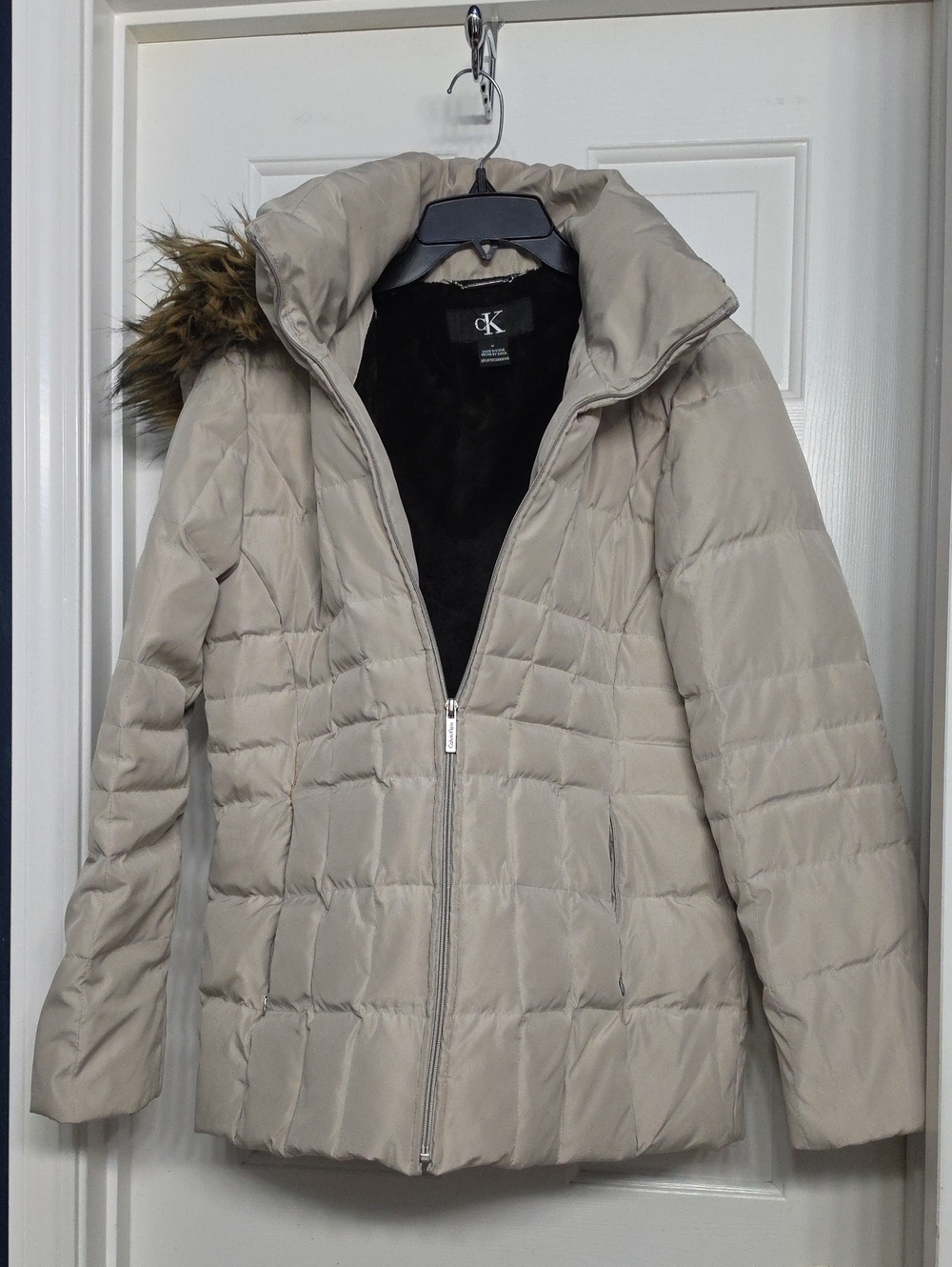 Calvin Klein Light Beige Quilted Puffer Coat with Faux Fur Hood Trim